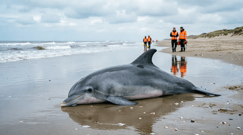 Witsnuitdolfijn levend aangespoeld op strand Egmond aan Zee